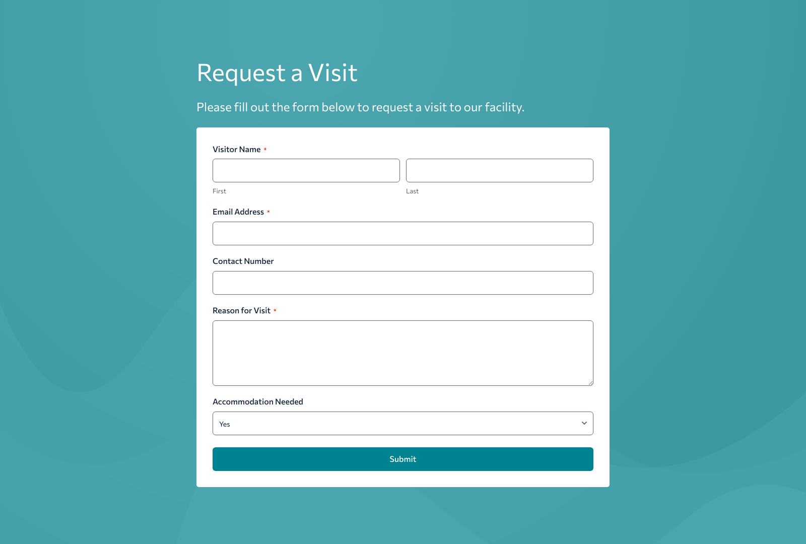 Visitor Request Form Template with fields for name, contact, and visit details.