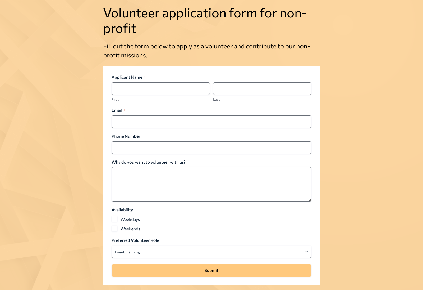 Volunteer Application Form with fields for name, contact info, and availability, titled 'Volunteer Application Form For Non-Profit'.