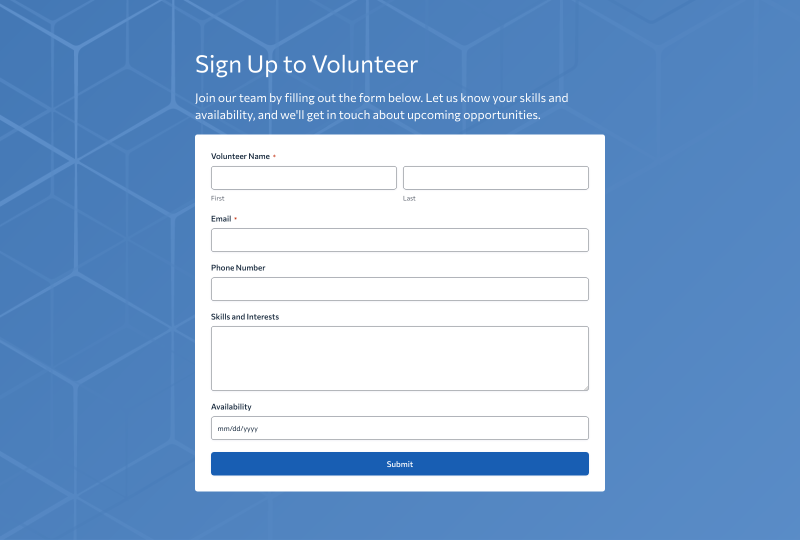 Volunteer Signup Form Template with fields for name, contact, and availability.