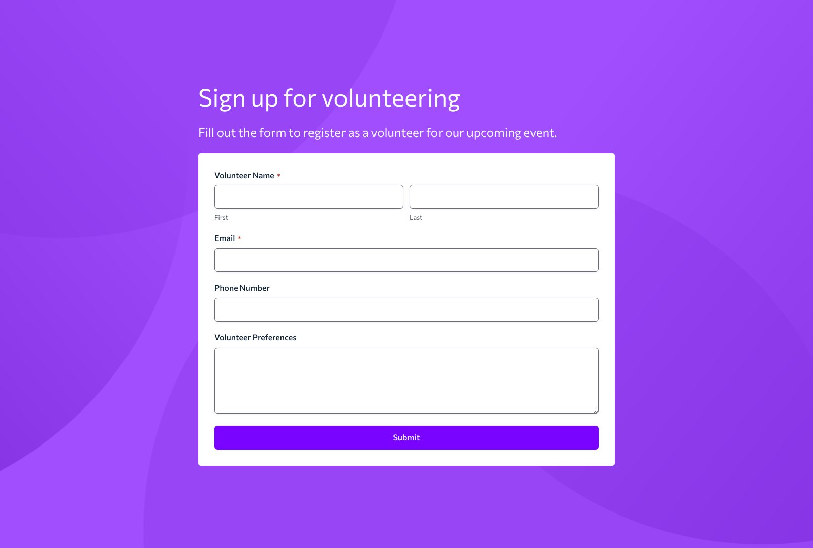 Screenshot of Volunteering Registration Form Template with fields for name, contact info, and preferences.