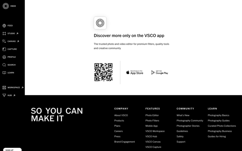 VSCO Mobile App Landing Page Example – Woorise
