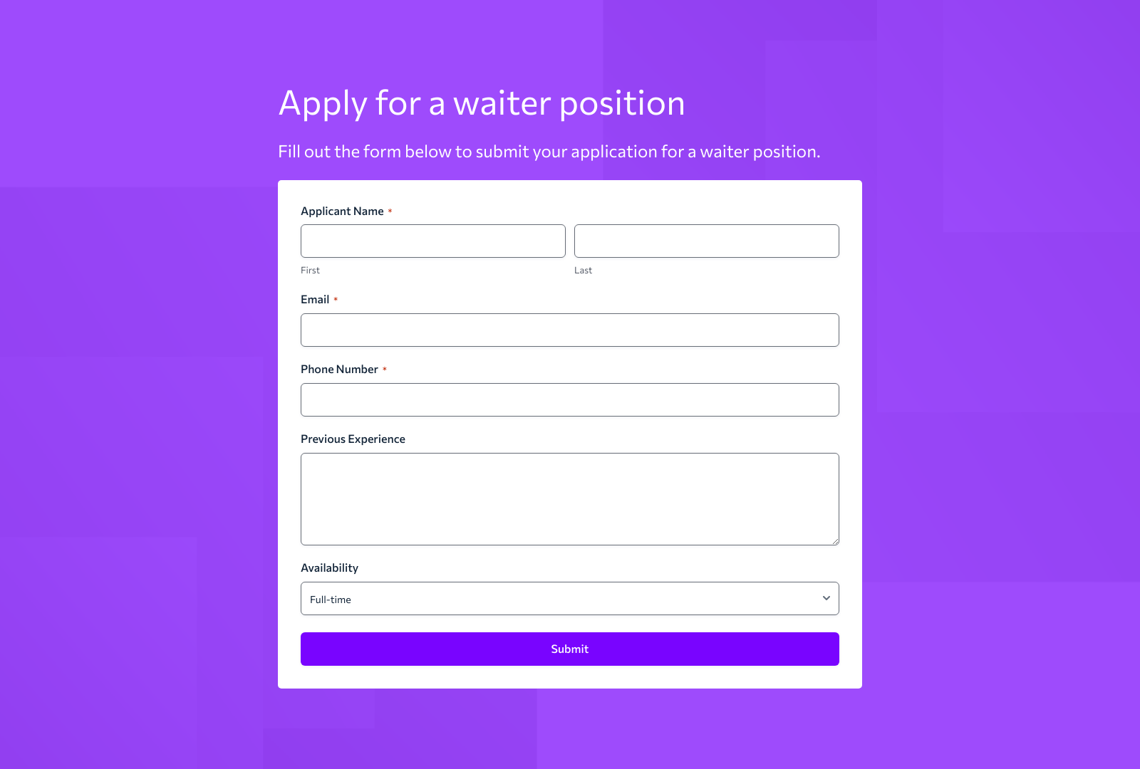 Waiter Job Application Form Template with input fields for name, contact, experience, and submit button.