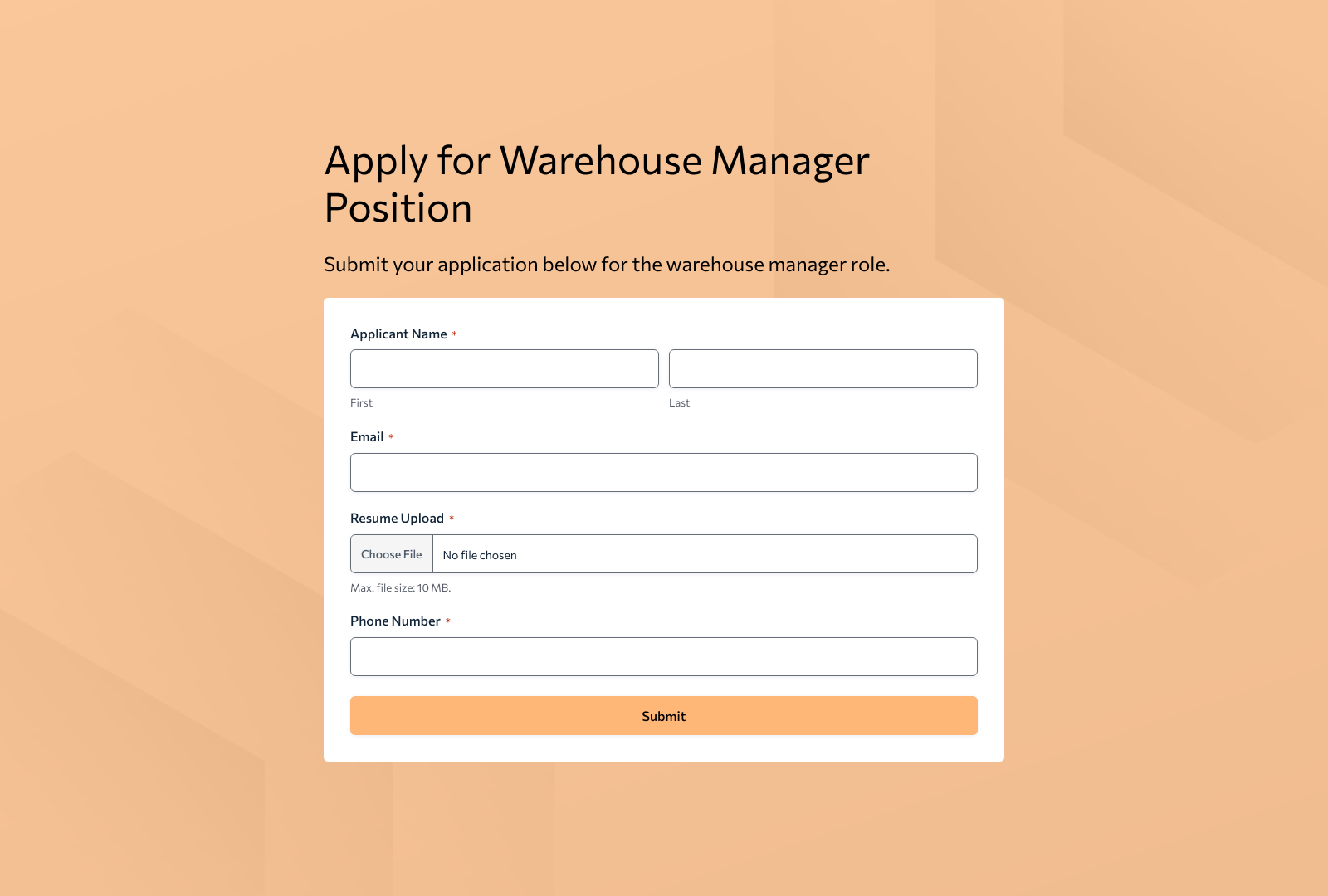 Warehouse Manager Job Application Form Template with customizable fields and submit button.