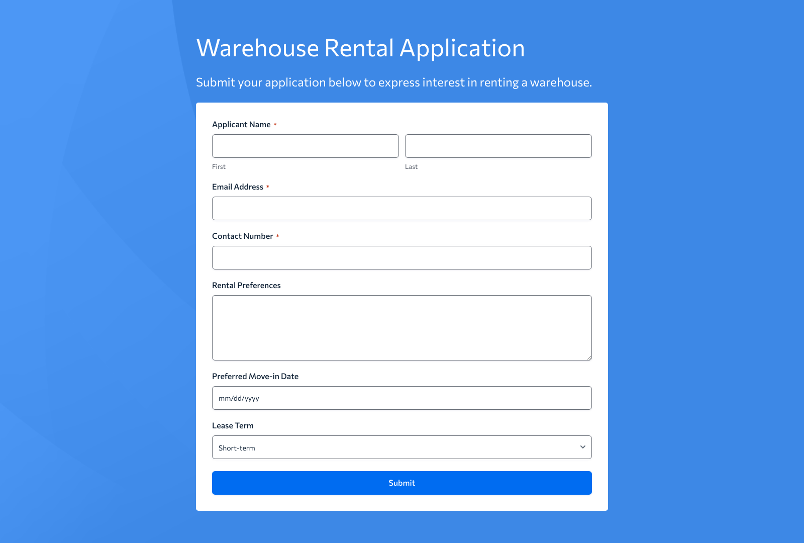 Warehouse Rental Application Form Template with fields for applicant info and buttons for submission.