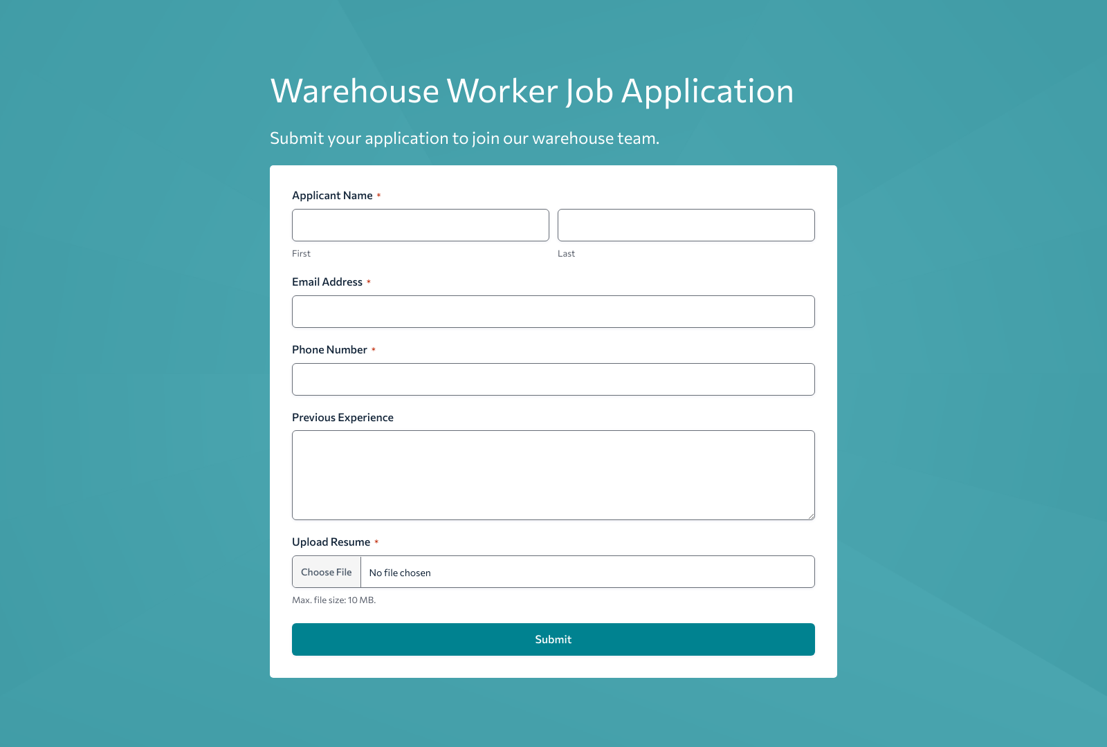 Warehouse Worker Job Application Form Template with fields for personal details, experience, and submit button.