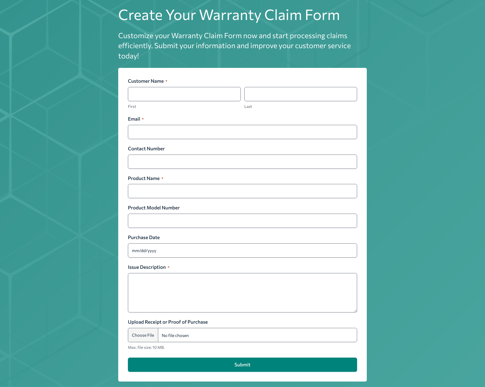 Warranty Claim Form Template with fields for customer info, product details, and claim description.