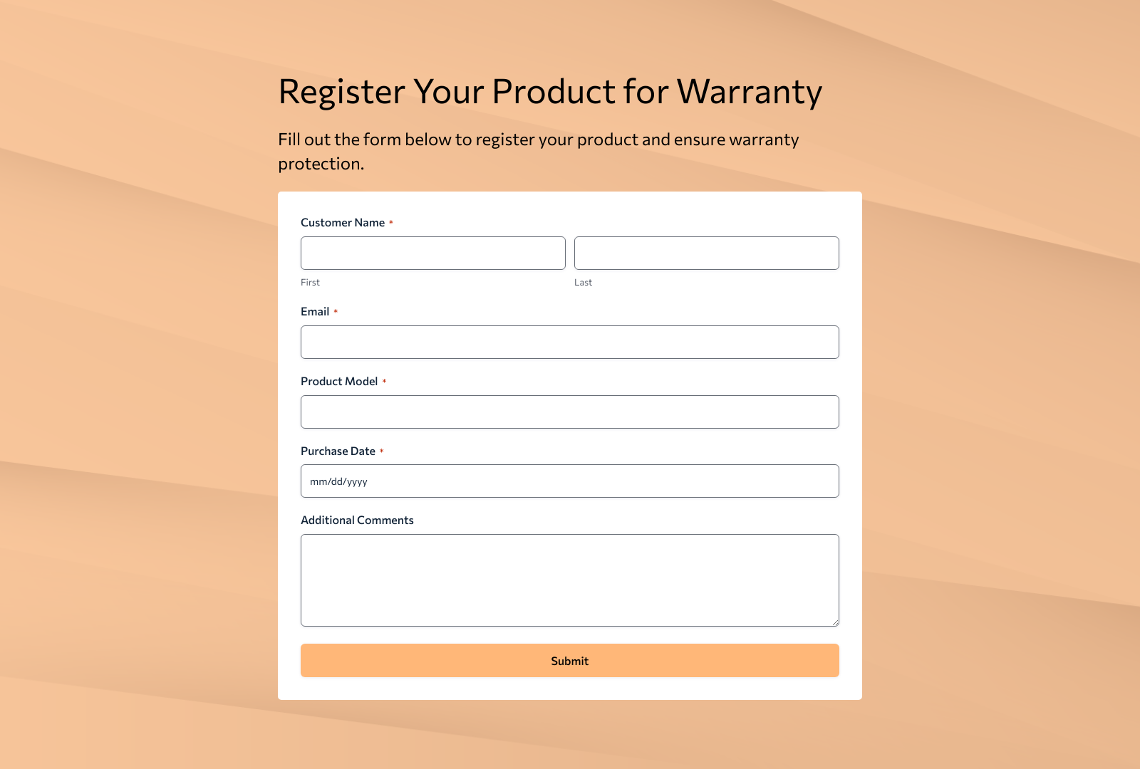 Warranty Registration Form Template showing fields for product details and user information with submit button.