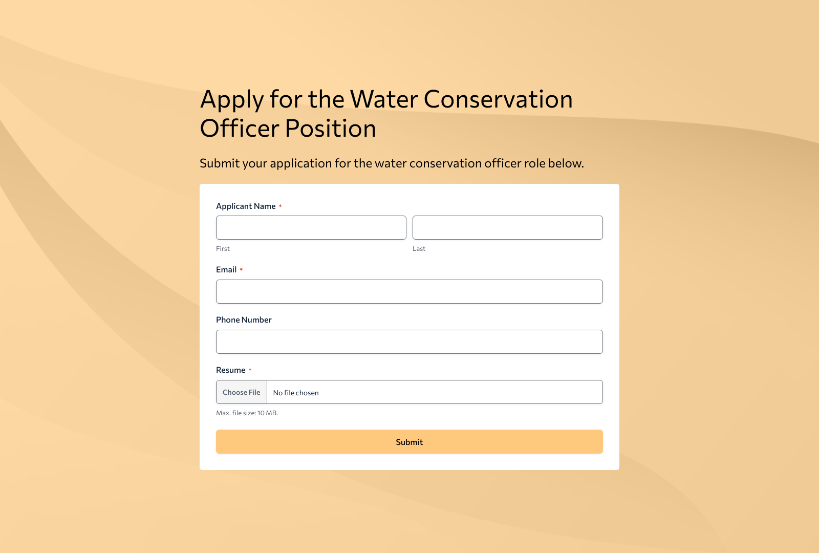 Water Conservation Officer Job Application Form Template with fields for applicant details and a submit button.