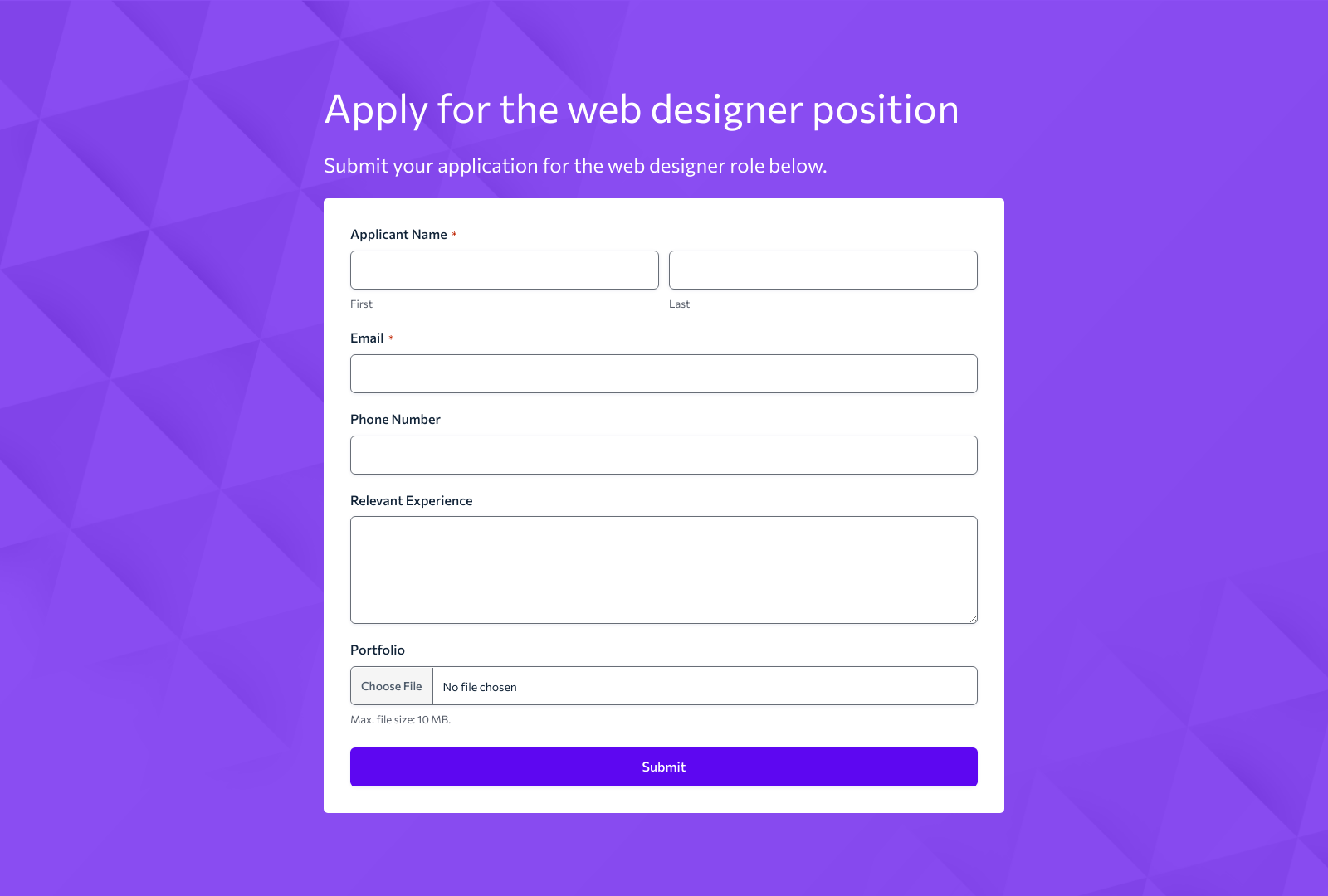Web Designer Job Application Form Template showing fields for candidate details and submit button.