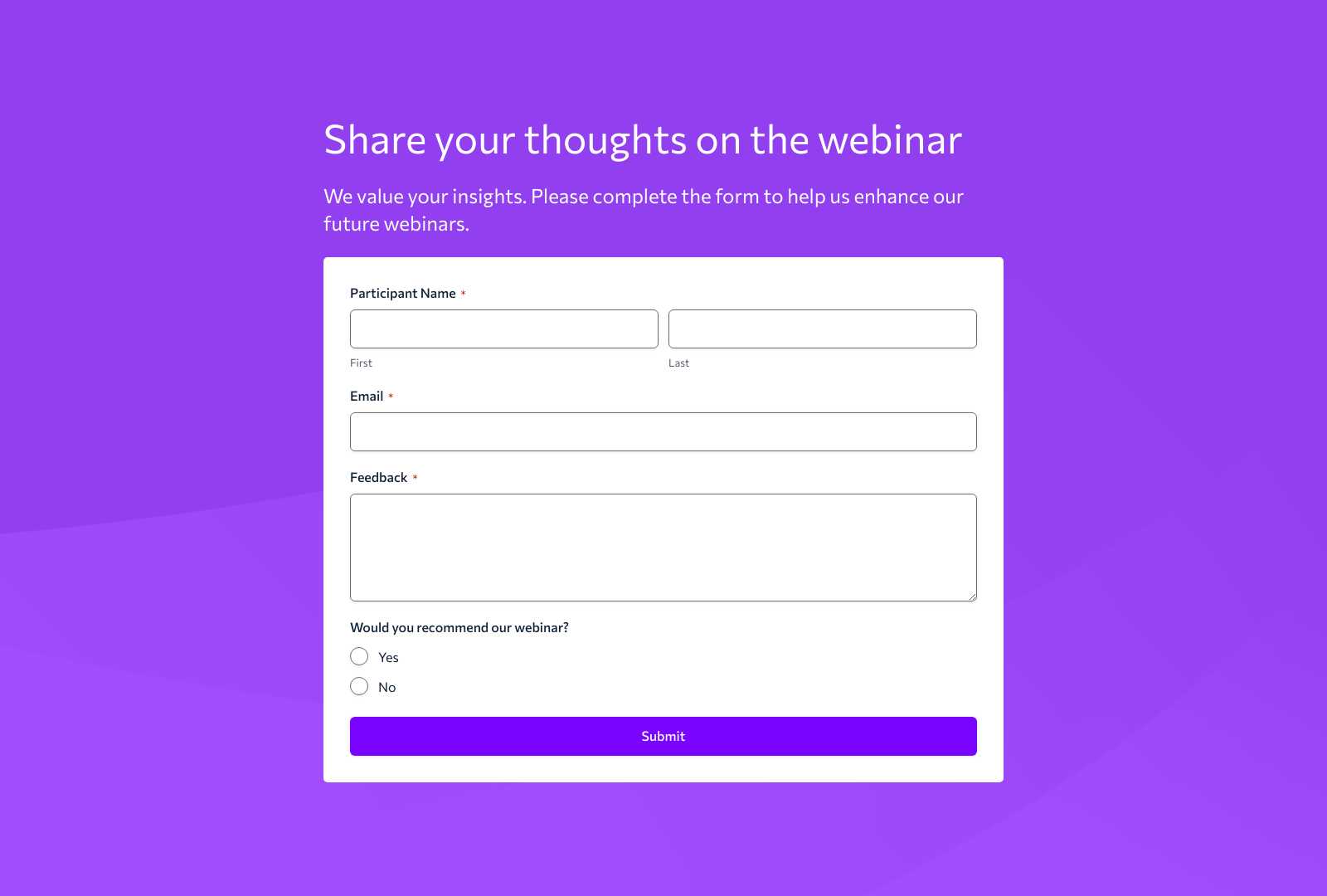 Webinar Feedback Form Template with fields for attendee name, email, and feedback, plus submit button.