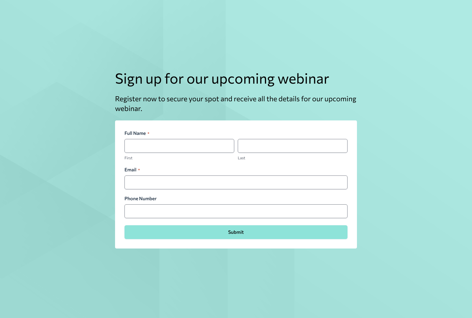 Webinar Signup Form Template with fields for name, email, and submit button.