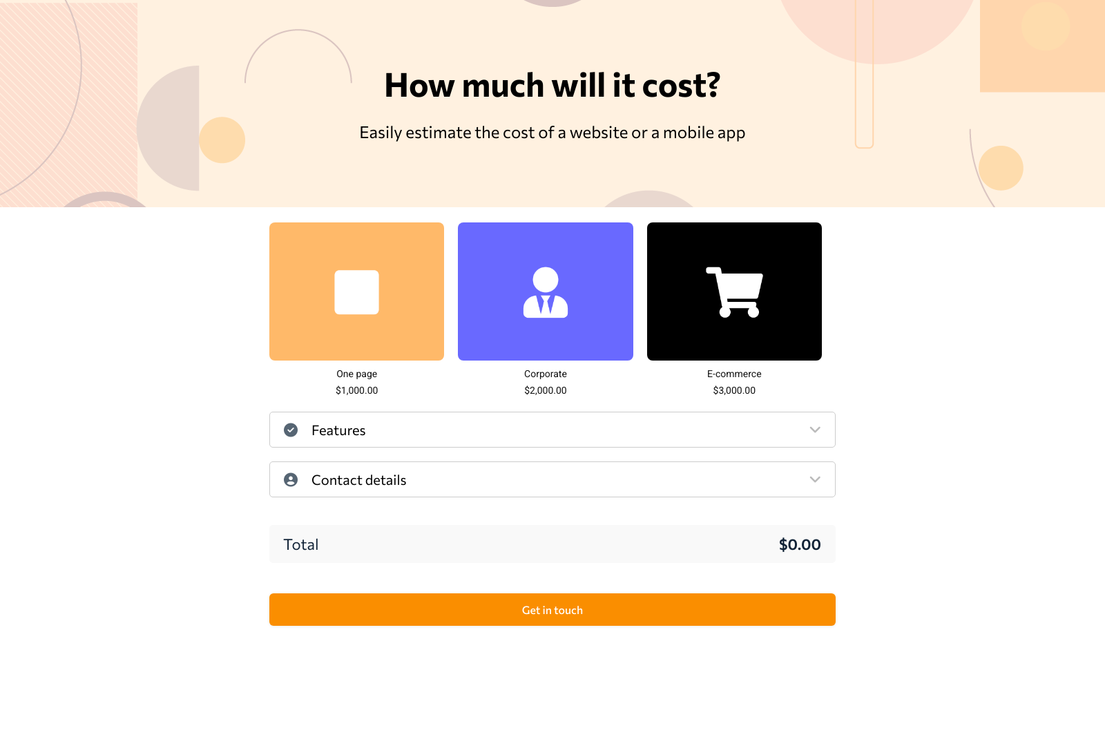 Website Cost Estimation Template with fields, buttons for service cost calculation.