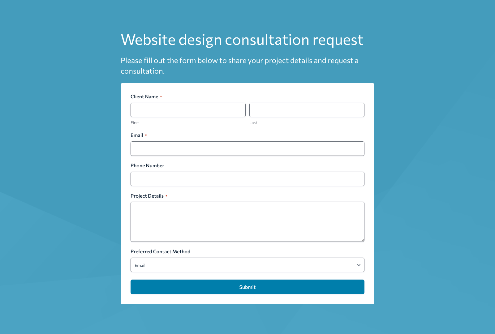 Screenshot of Website Design Consultation Form Template with fields for client details, project scope, and contact information.