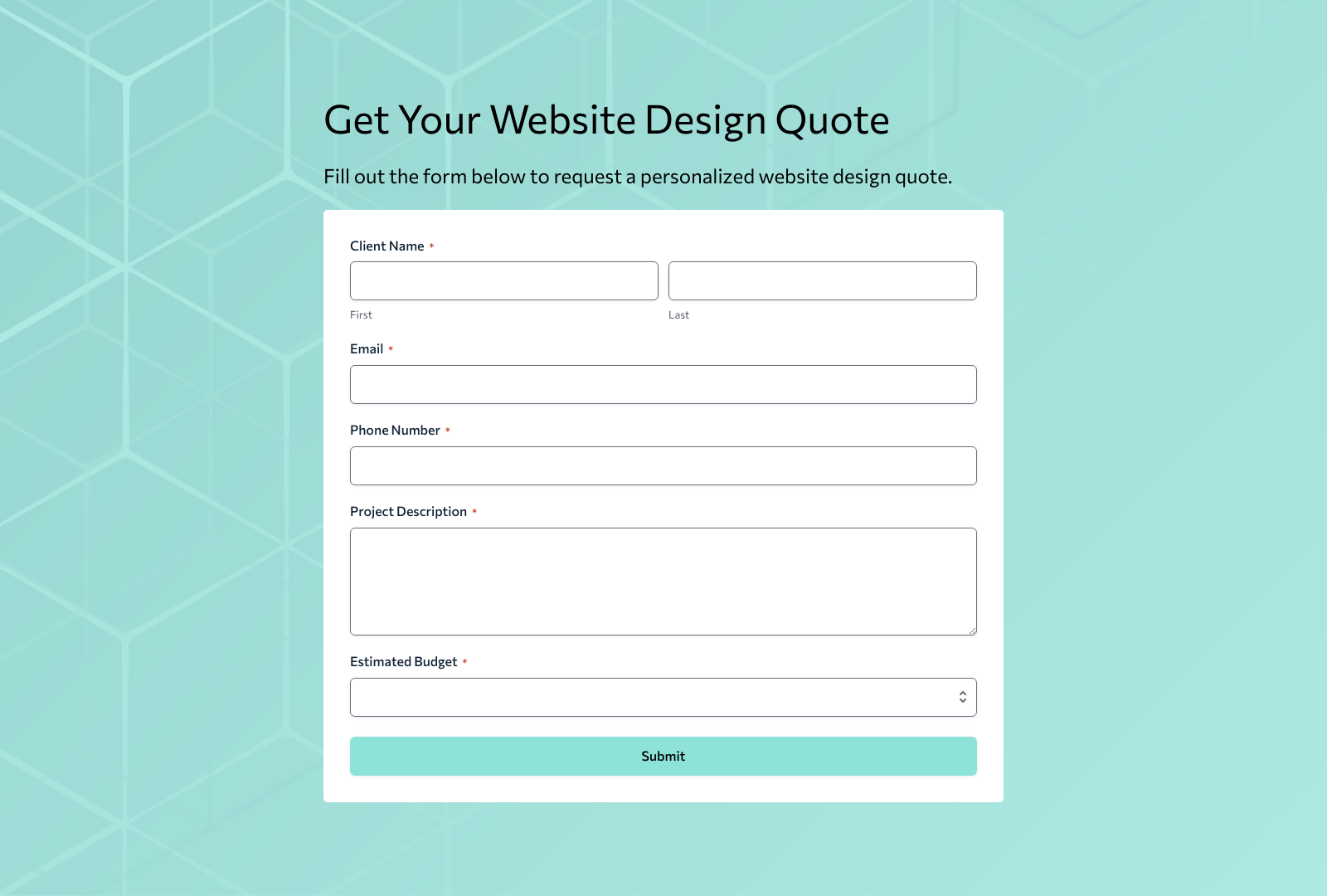 Website Design Quote Form Template showing fields for project details, contact info, and submit button.
