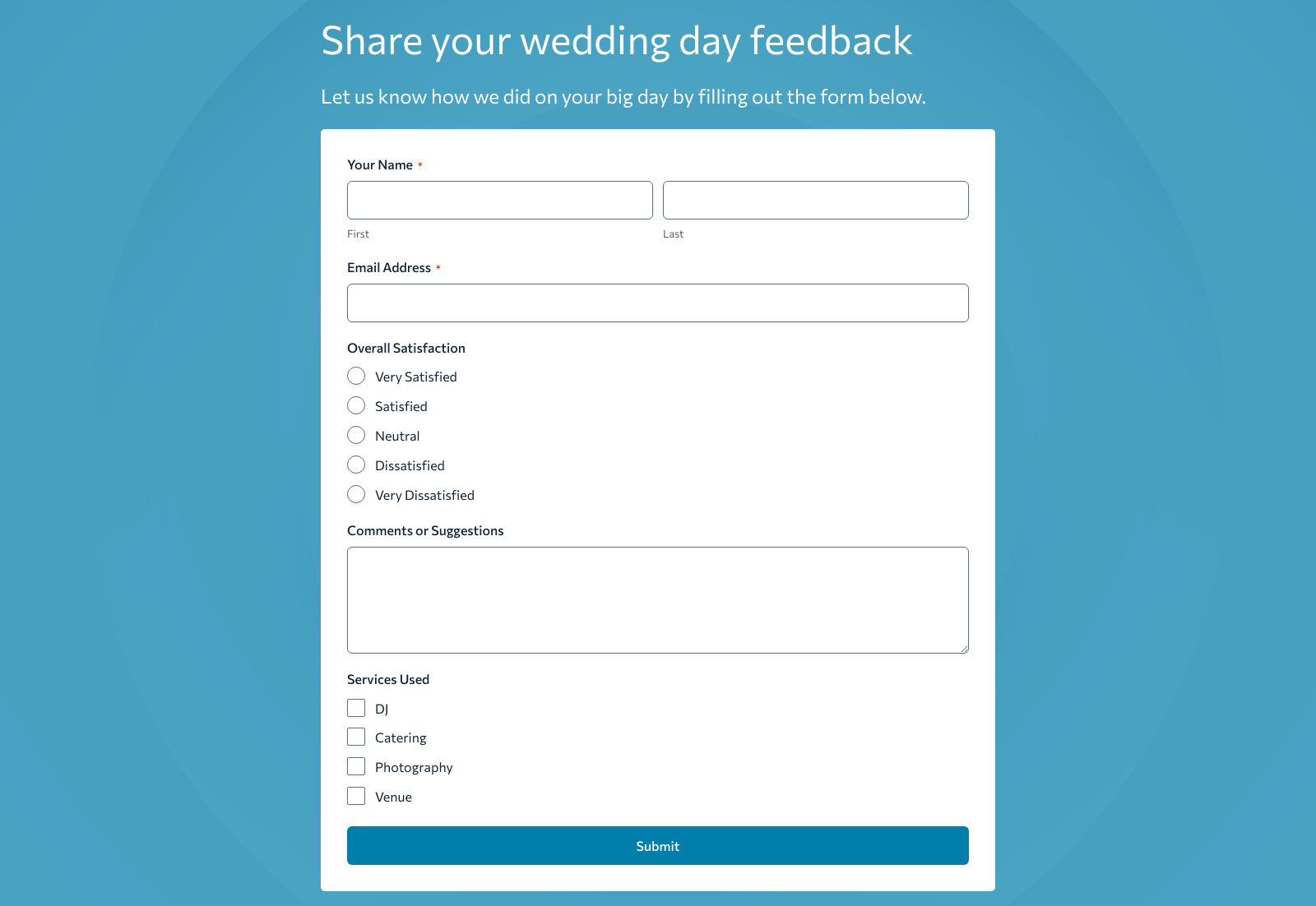 Wedding Feedback Form Template with fields for couple's names, wedding date, and feedback comments.