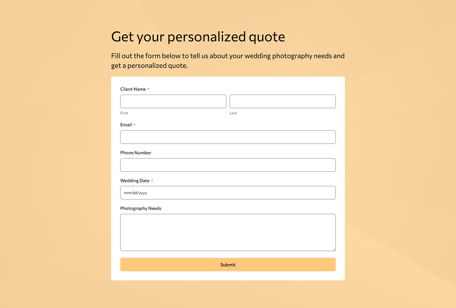 Wedding Photographer Services Quote Form with fields for client needs and quote request.