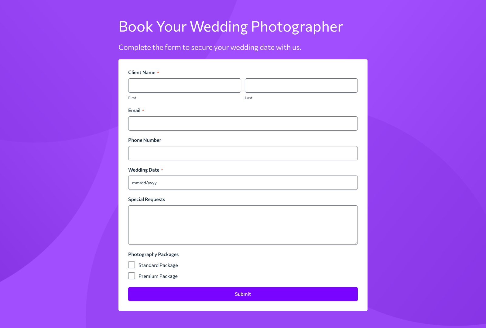 Wedding Photography Booking Form Template with fields for client info, date selection, and service options.