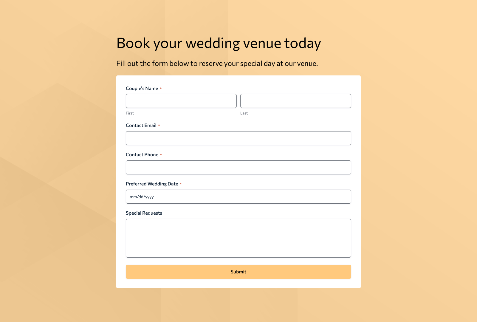 Wedding Reservation Form Template with fields for guest details, date selection, and submit button.