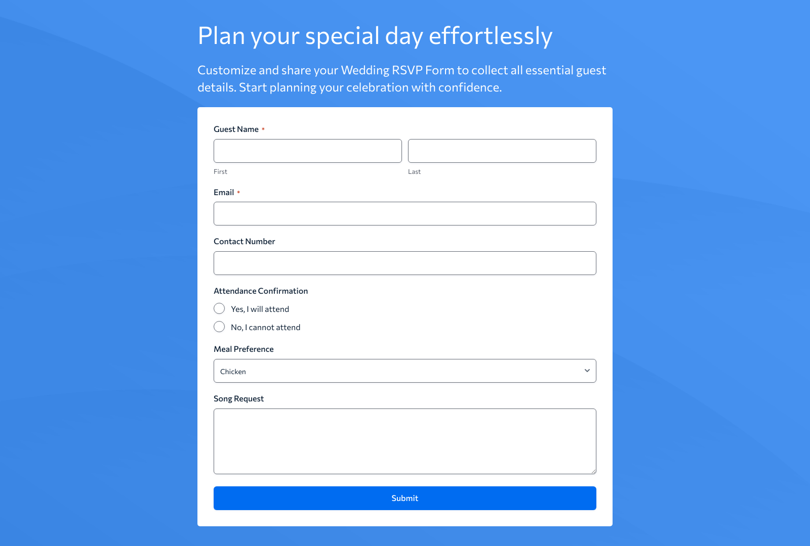 Wedding RSVP Form Template showing fields for attendance, contact info, meal choices, and song requests.