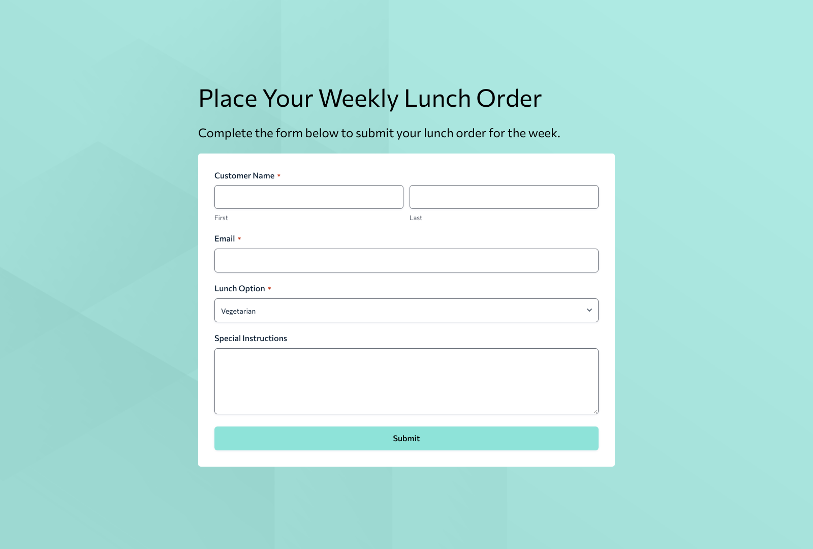 Weekly Lunch Order Form Template showing fields for meal preferences and buttons to submit orders.