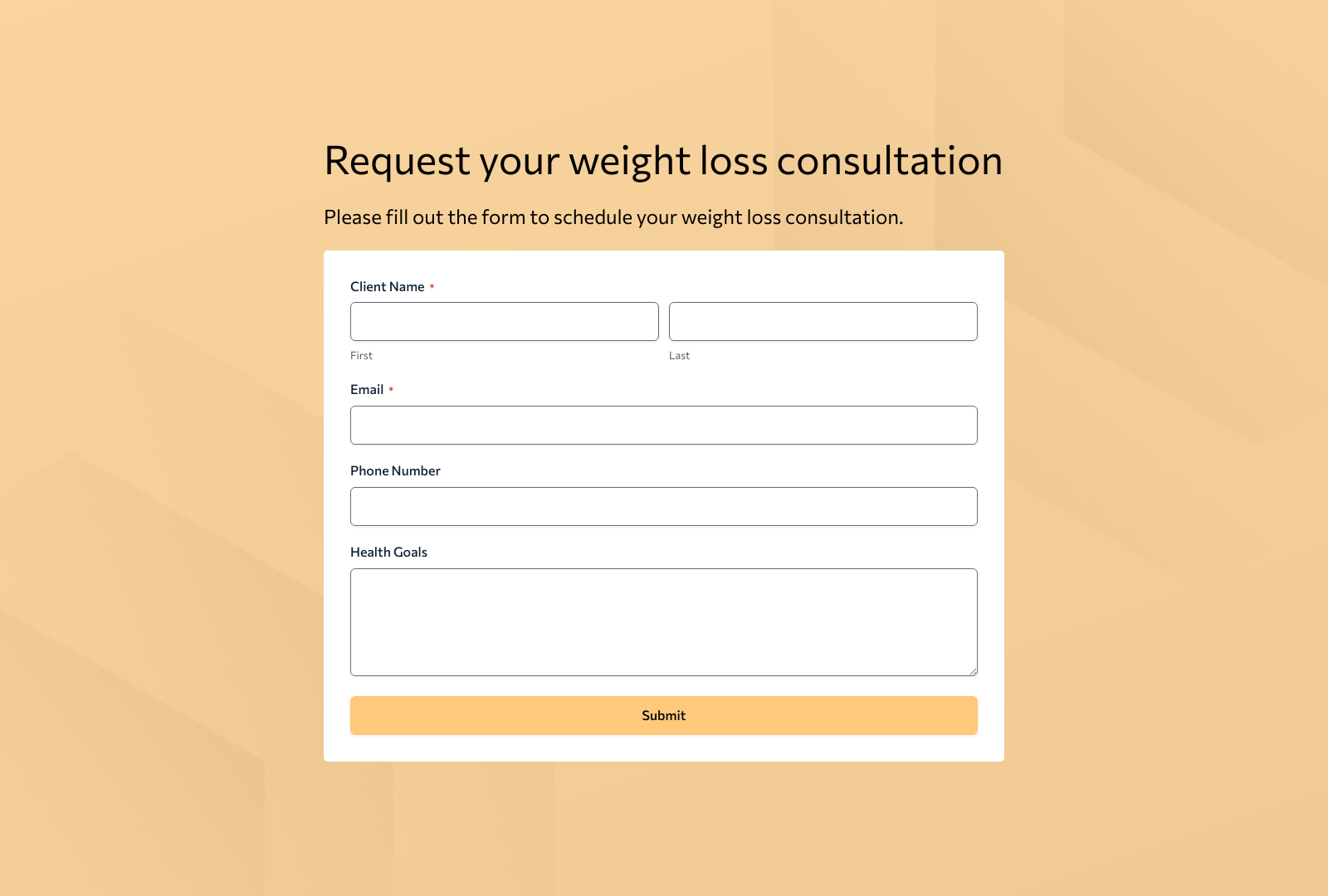 Weight Loss Consultation Form Template with fields for client details, buttons for submission, and a clean layout.
