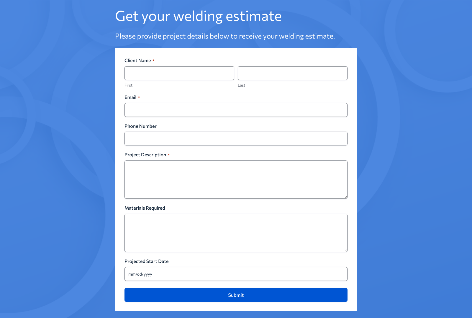 Welder Estimate Form Template with fields for project details, contact info, and submit button.