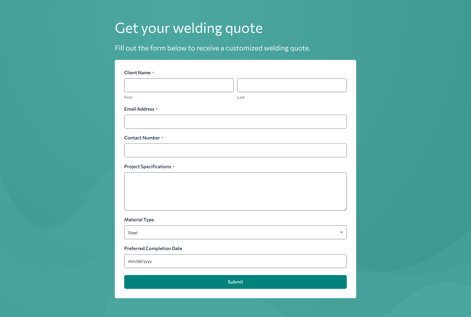 Welder Quote Form Template with fields for client details and quote specifics, enhancing user interaction.