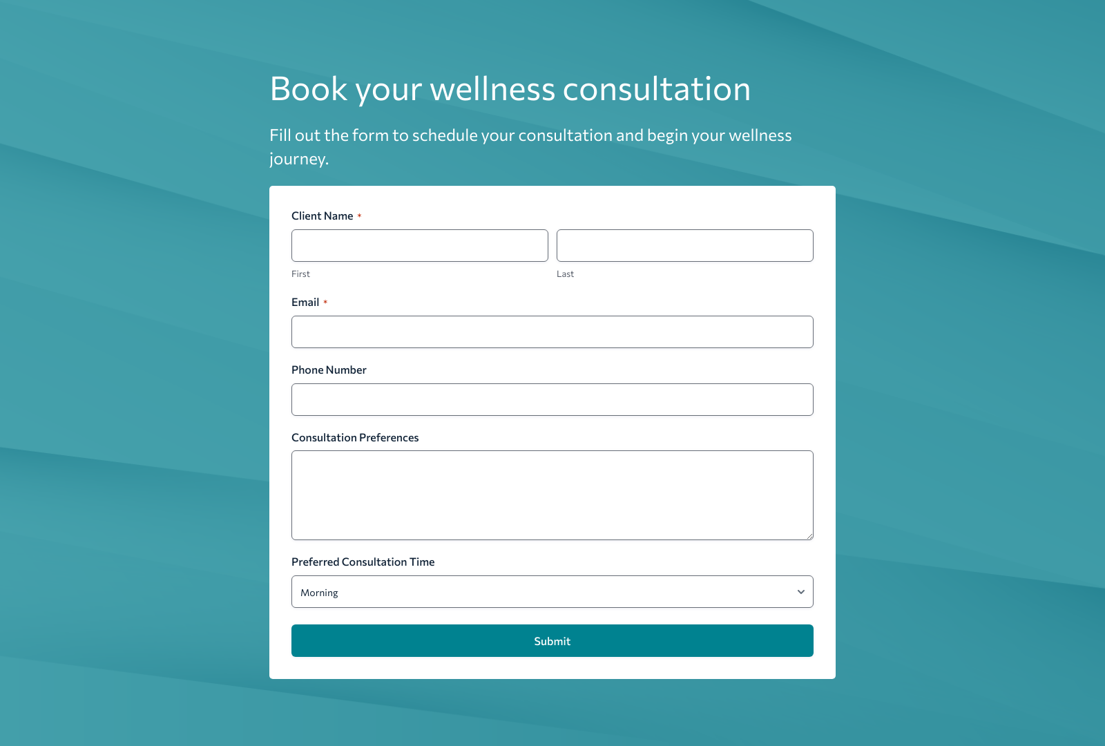 Wellness Consultation Form Template showing input fields, submit button, and layout for client engagement.