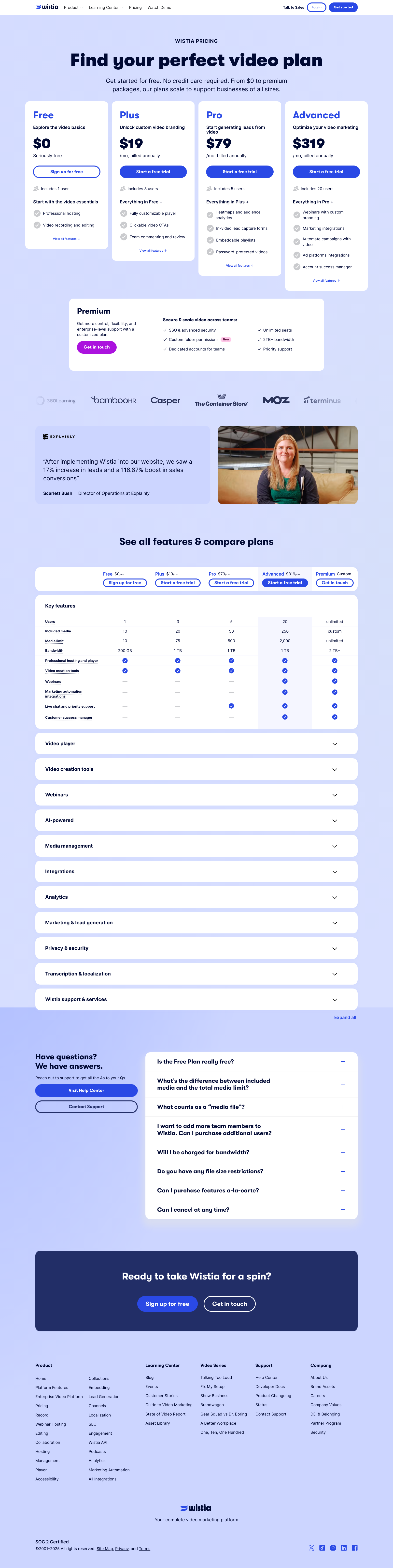 Wistia Pricing Landing Page Example