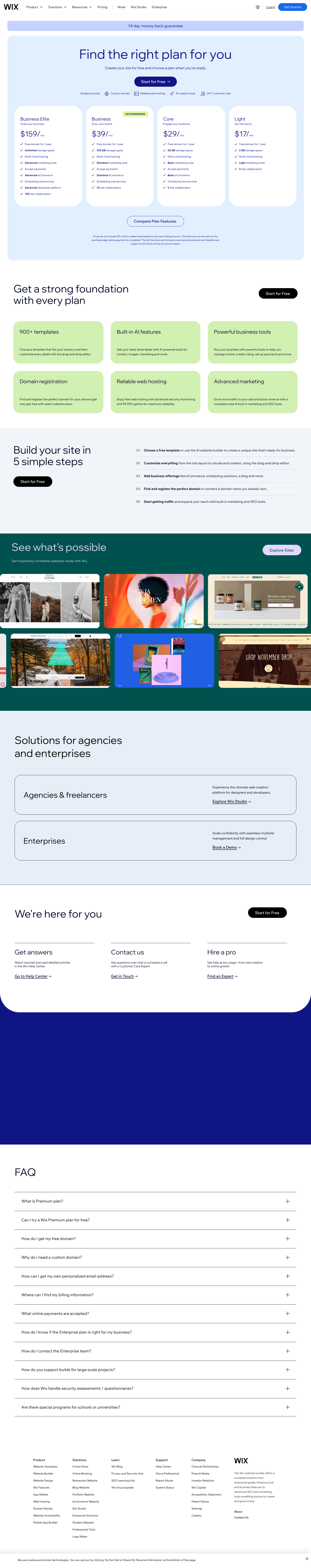 Wix Pricing Landing Page Example