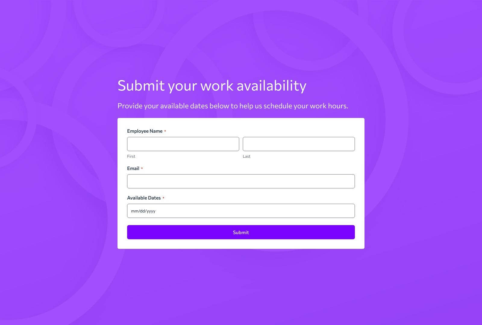 Work Availability Form Template with input fields for employee name, availability, and submit button.