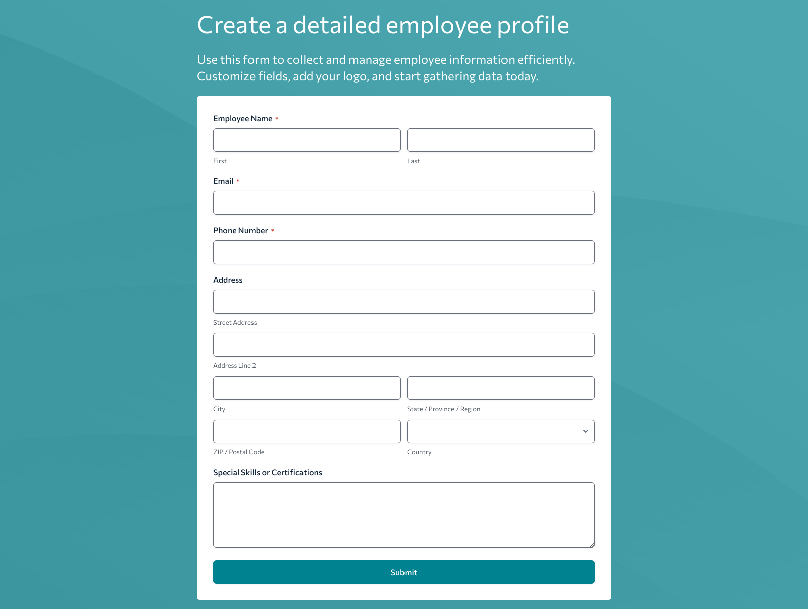 Workers Profile Form Template with fields for employee details, customizable for various industries.