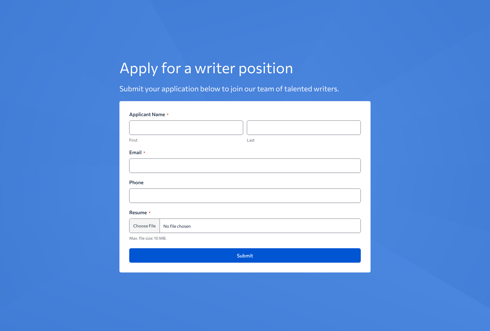 Writer Job Application Form Template with fields for name, email, resume upload, and submit button.