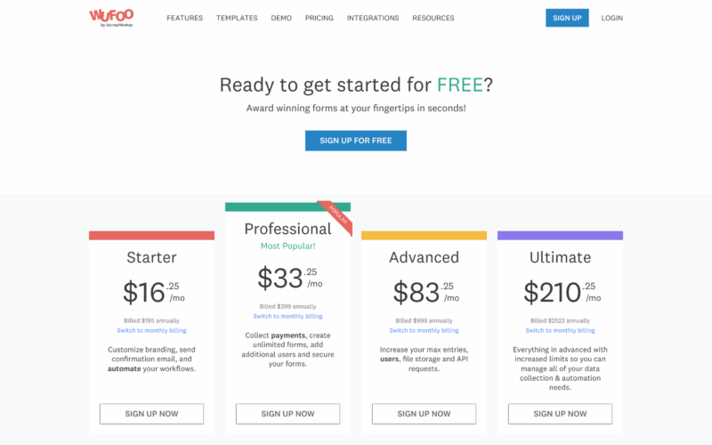 Wufoo Pricing Landing Page Example