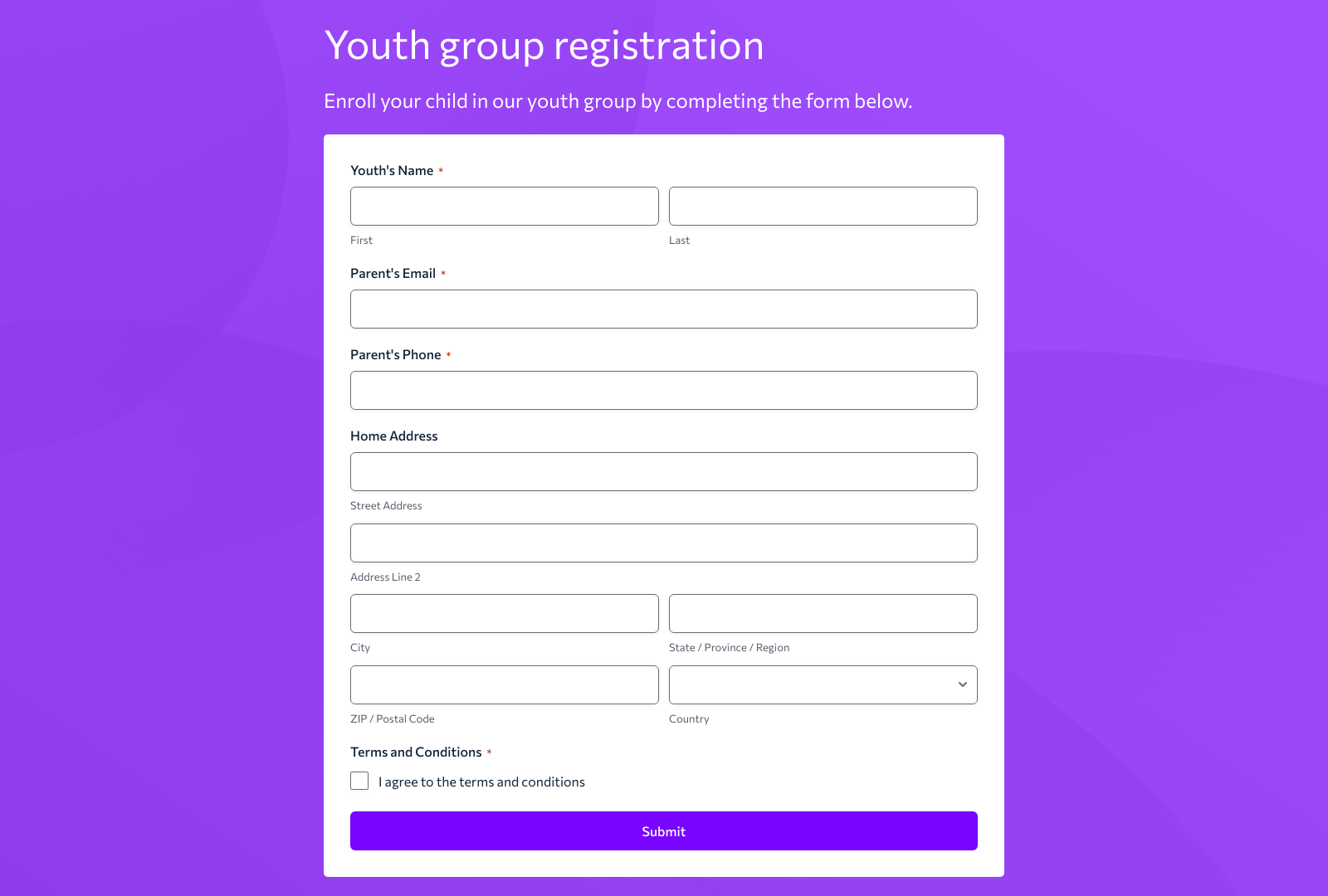 Youth Group Registration Form Template with fields for personal details, fees, and signature.