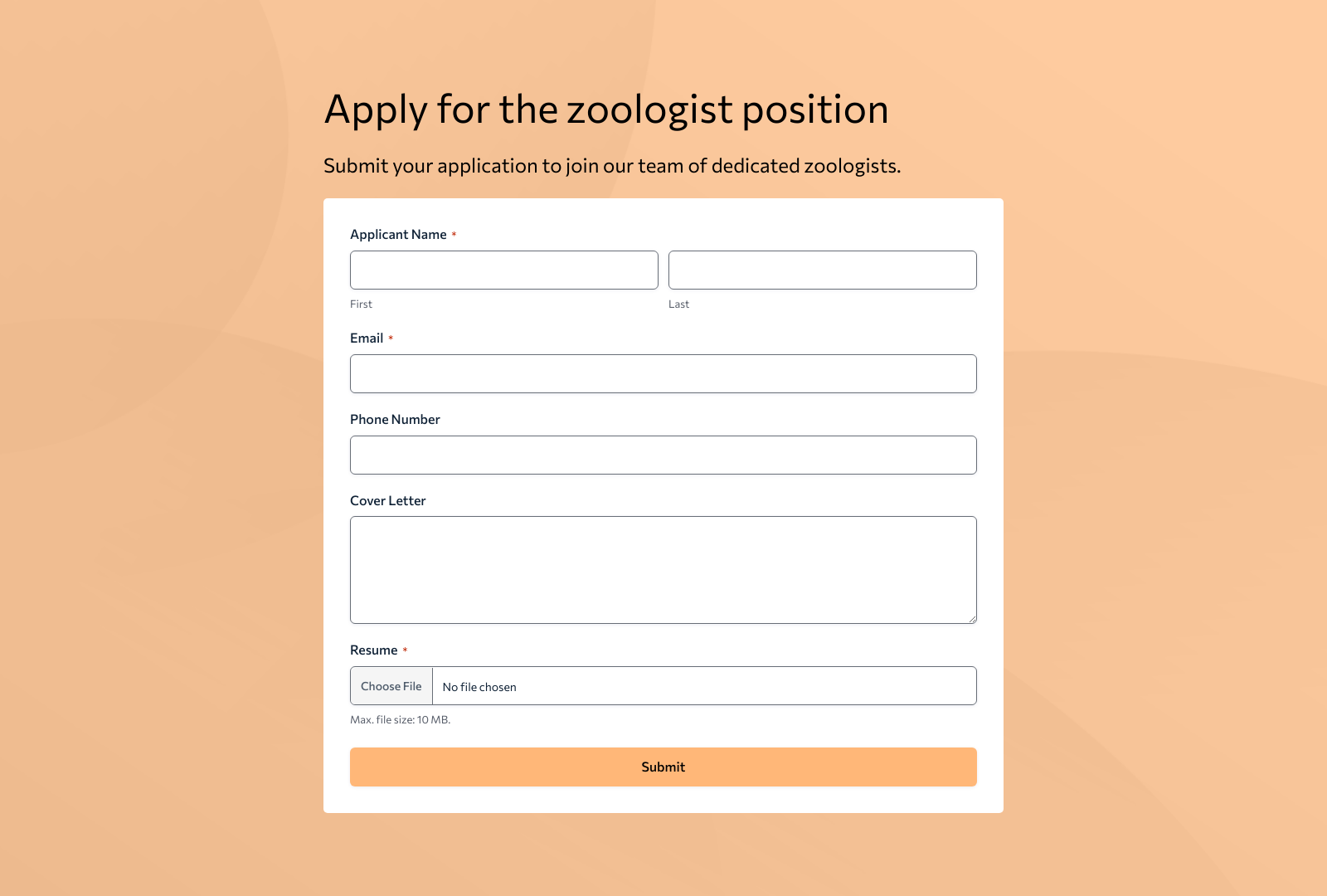 Zoologist Job Application Form Template with fields like name, email, and experience.