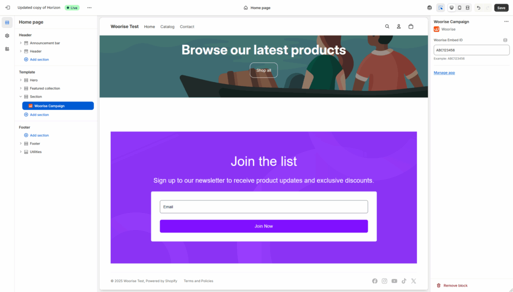 Woorise Campaign block on Shopify