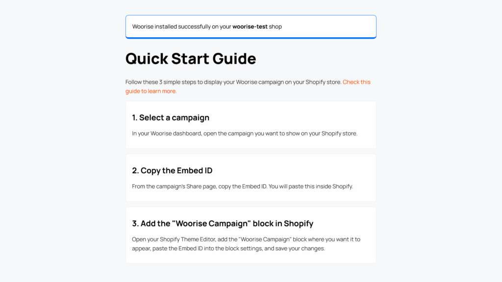 Woorise Shopify app successfull installed screen