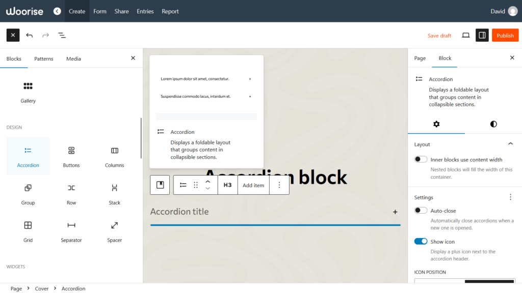 Accordion block settings