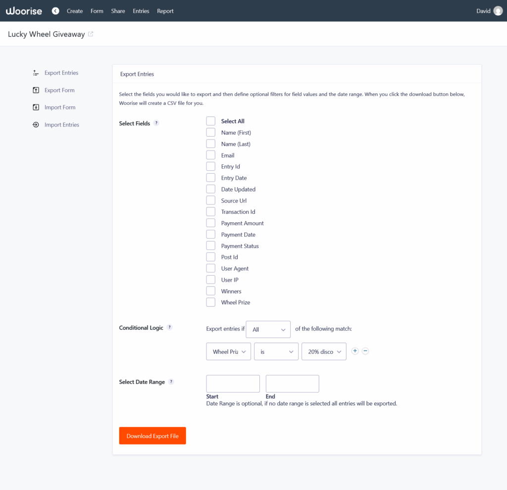 Wheel picker export entries