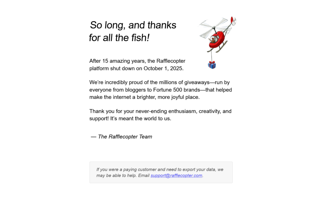 Rafflecopter homepage shutdown notice