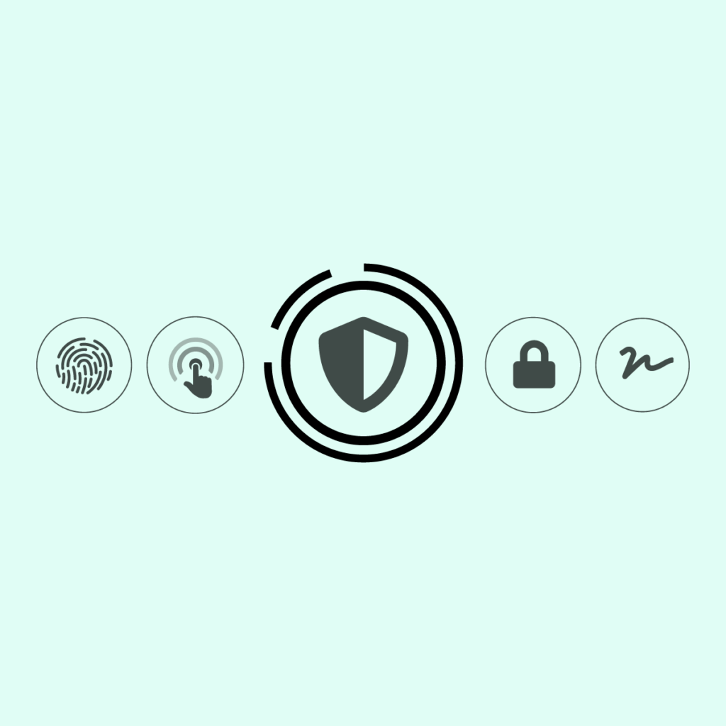 Security shield surrounded by verification, password and identity icons representing giveaway spam and fraud protection.