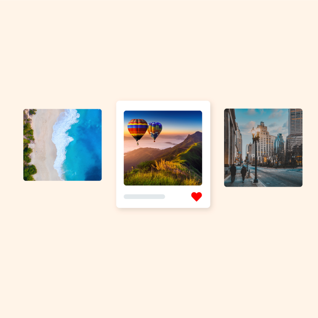 Photo contest gallery featuring travel photos and a heart icon for voting