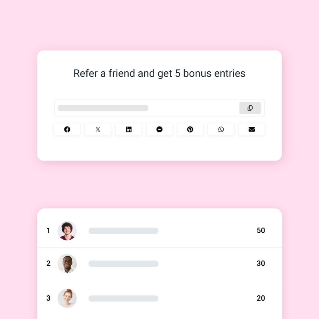 Refer-a-friend giveaway showing social sharing options, bonus entries and a referral leaderboard